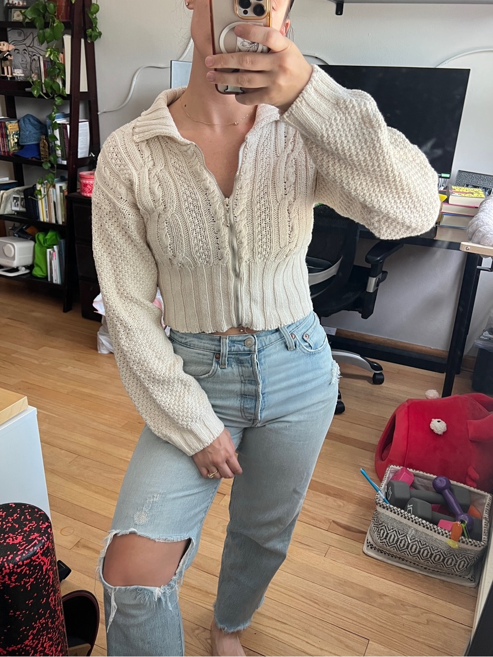 Vintage Balloon Sleeve Zip Up Sweater
